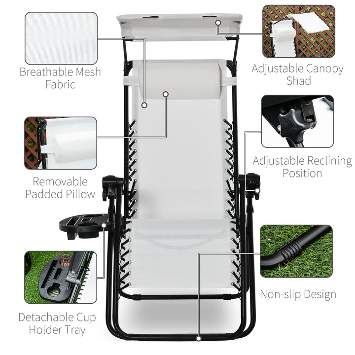 MCL Zero Gravity Garden Folding Patio Sun Lounger w/Cup Holder & Canopy Shade White