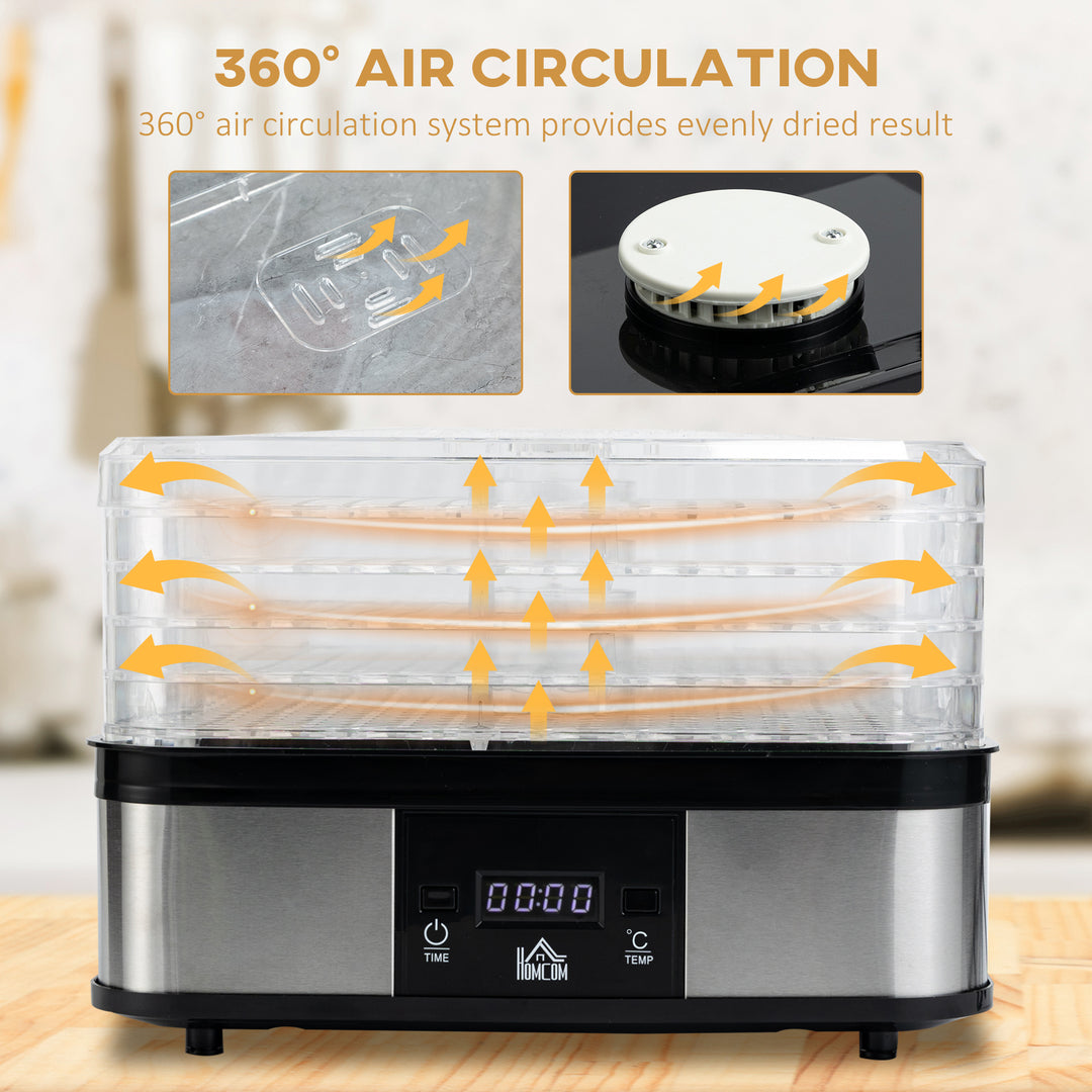 5 Tier Food Dehydrator, 245W Stainless Steel Food Dryer Machine with Adjustable Temperature, Timer and LCD Display for Drying Fruit, Meat, Vegetable, Jerky and Pet Treat, Black