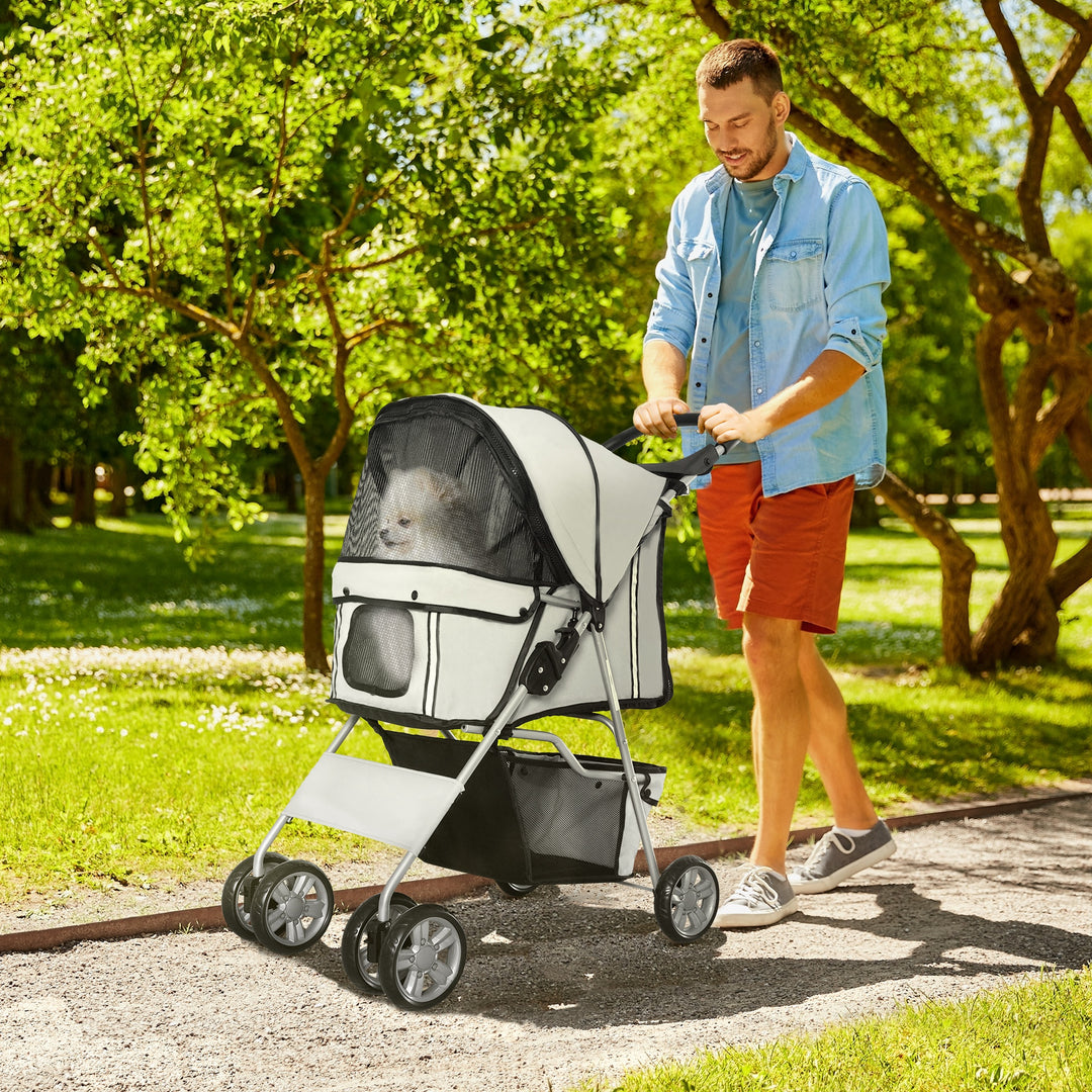 Pet Stroller for Small Miniature Dogs Cats Foldable Travel Carriage with Wheels Zipper Entry Cup Holder Storage Basket Grey