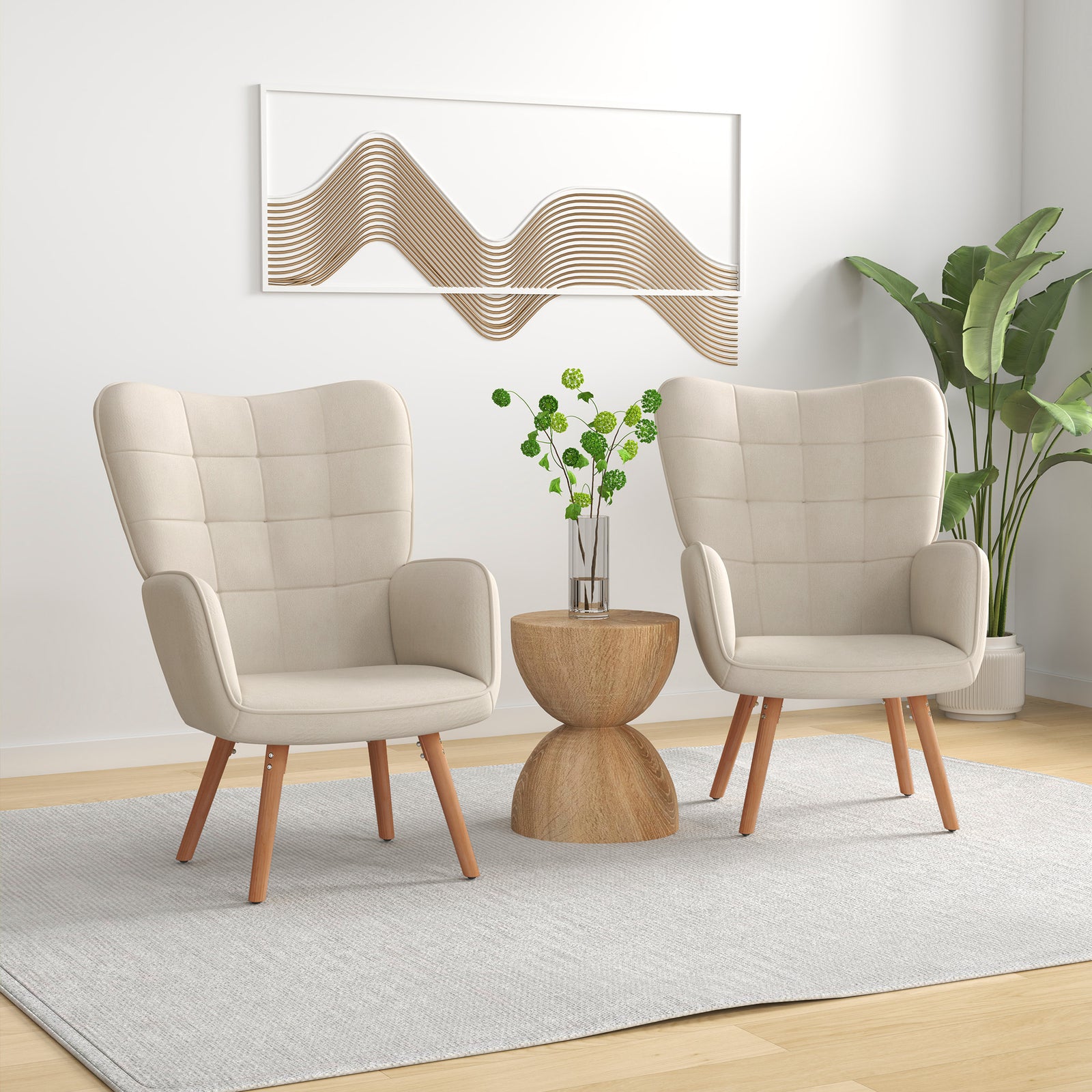 Modern Accent Chair Set of 2 Velvet-Touch Tufted Wingback Armchair Upholstered Leisure Lounge Sofa Club Chair with Wood Legs, Cream White