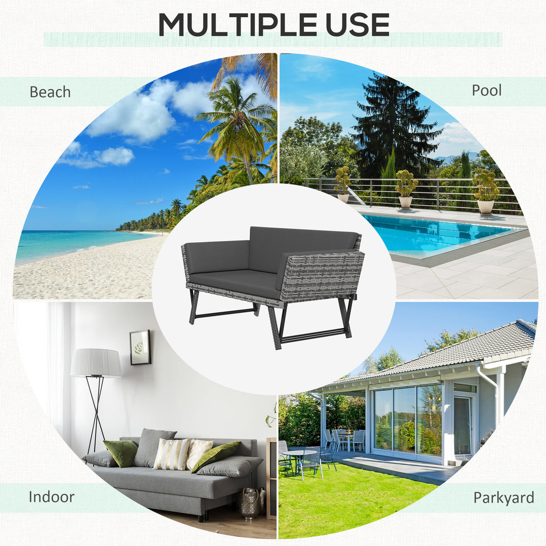 2 Seater Rattan Sofa with Cushions, 2-in-1 PE Rattan Daybed Sofa with Left Up or Down Armrests, Garden Chaise Lounger Loveseat for Outdoor, Patio, Mixed Grey