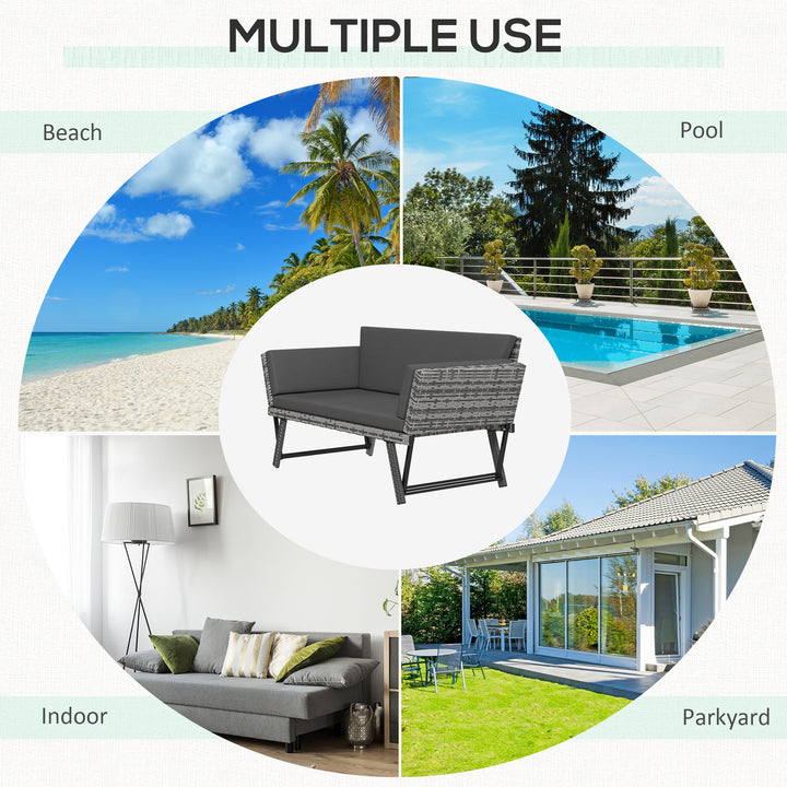 2 Seater Rattan Sofa with Cushions, 2-in-1 PE Rattan Daybed Sofa with Left Up or Down Armrests, Garden Chaise Lounger Loveseat for Outdoor, Patio, Mixed Grey