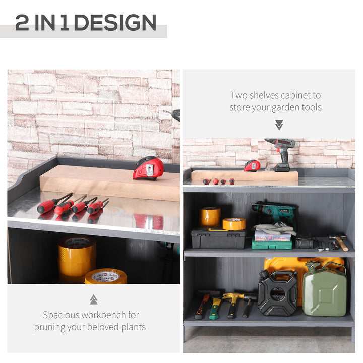 Garden Storage Cabinet, Outdoor Tool Shed, Potting Bench Table with Galvanized Top and Two Shelves for Yard Tools or Pool Accessories, Grey
