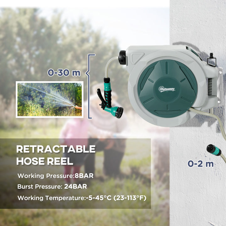 Outsunny Retractable Hose Reel Wall Mounted, 30+2m Garden Hose Pipe Reel with Lock, Auto Rewind, 7 in 1 Spray Nozzle, Includes Wall Fixings, 180° Swivel, Outdoor Watering, Grey