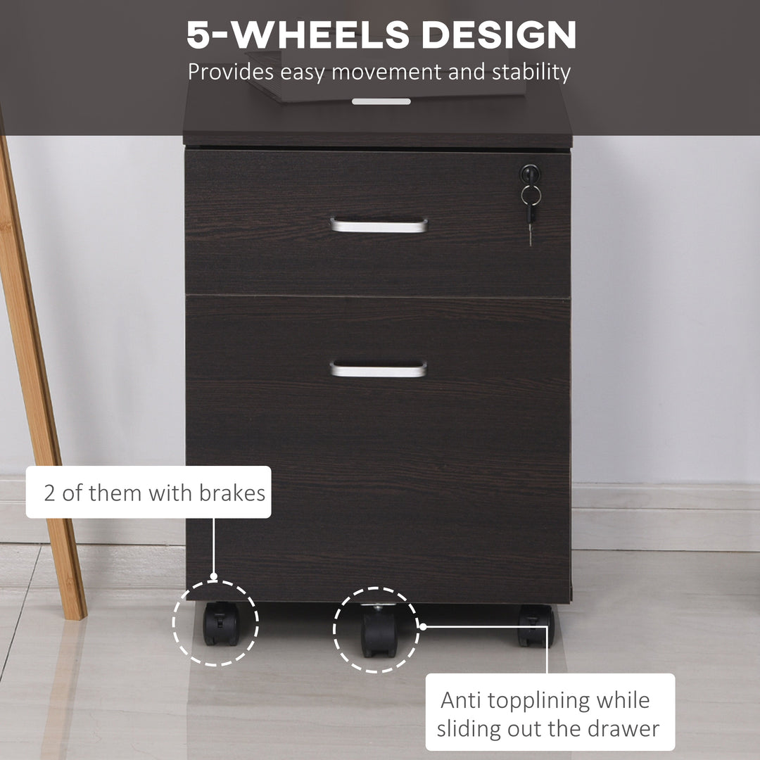 2-Drawer Locking Office Filing Cabinet w/ 5 Wheels Rolling Storage Hanging A4 Cupboard Home Organisation Black Wood Grain