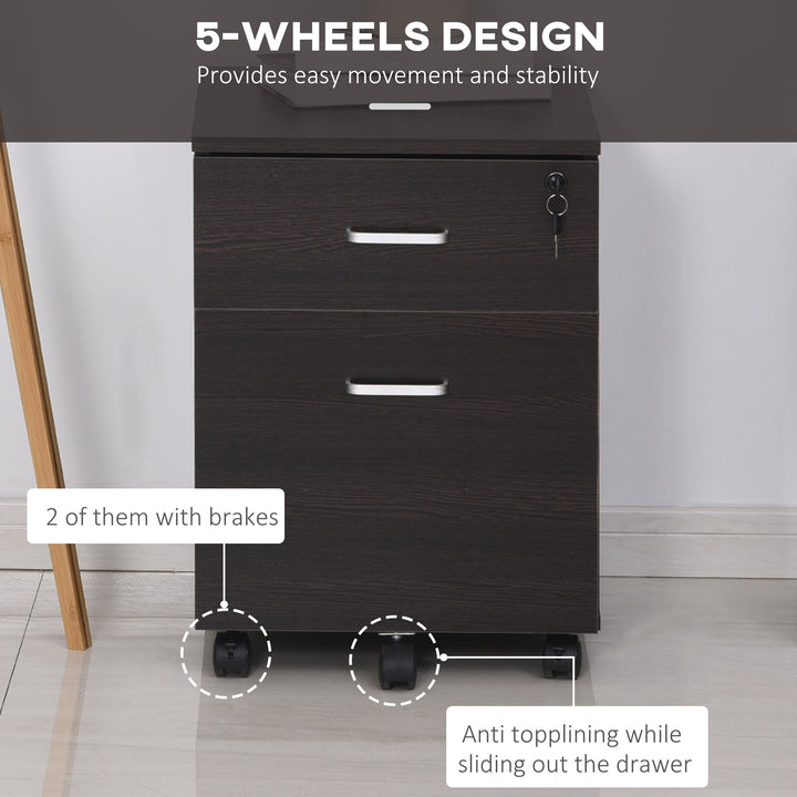 2-Drawer Locking Office Filing Cabinet w/ 5 Wheels Rolling Storage Hanging A4 Cupboard Home Organisation Black Wood Grain