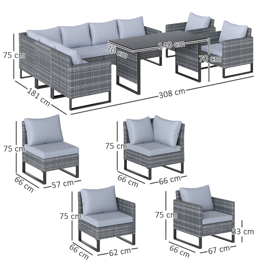 9 Piece Rattan Garden Furniture Set, 8 Seater Garden Corner Sofa with Cushions and Glass Top Table, Sectional Outdoor Furniture Conservatory Set for Patio, Light Grey