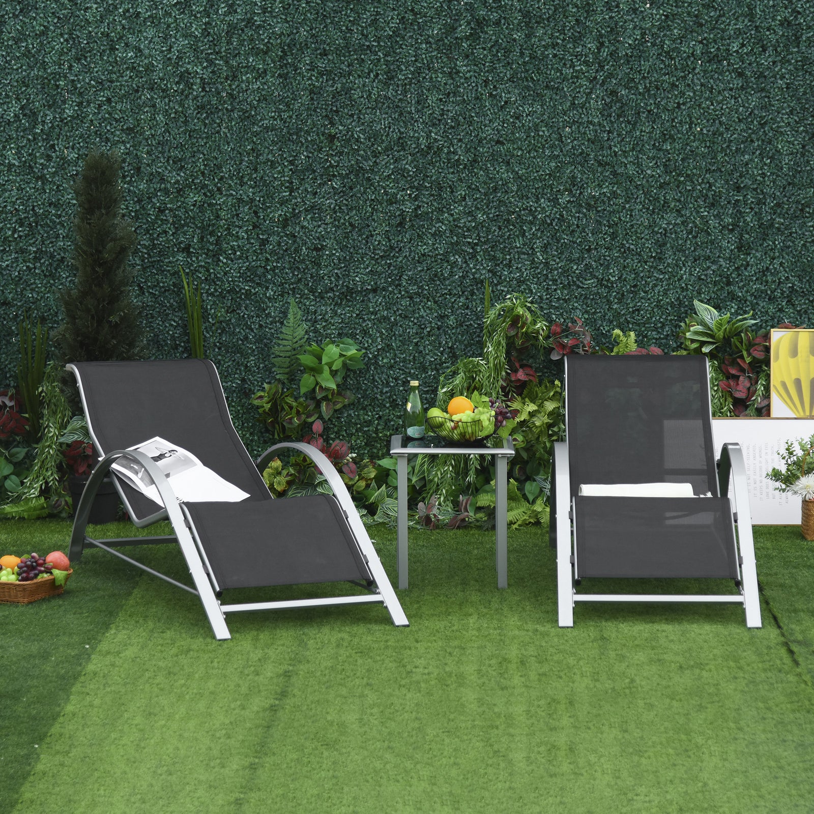 3 Pieces Sun Lounger Chair Set, Metal Frame Garden Outdoor Sunbathing Chair with Side Table and Armrest, Black