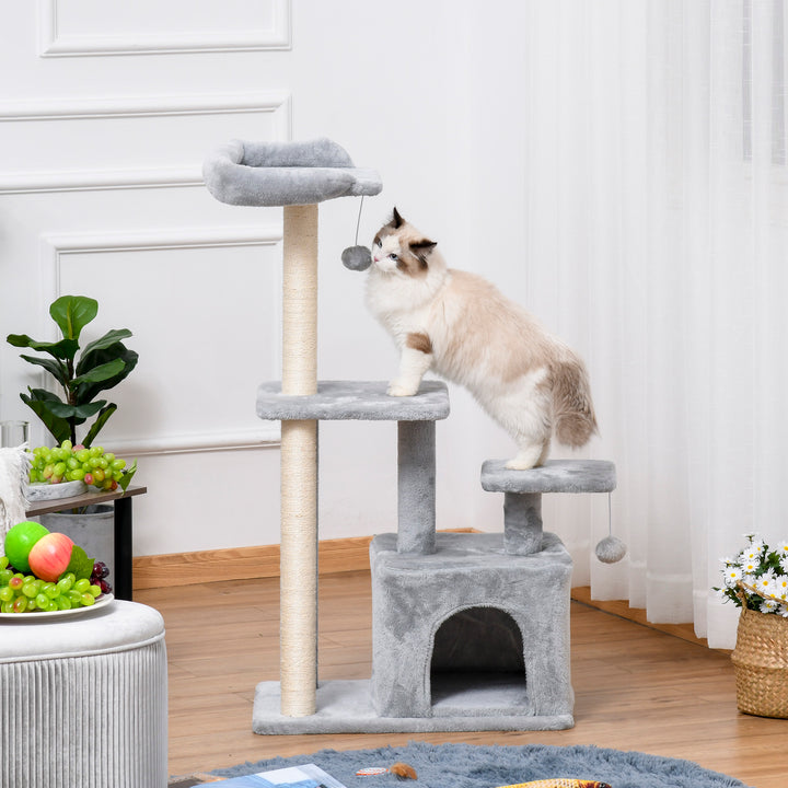 MCL Cat Tree Tower for Indoor Cats 114cm Climbing Activity Centre Kitten with Sisal Scratching Post Perch Hanging Ball Condo Toy Light Grey