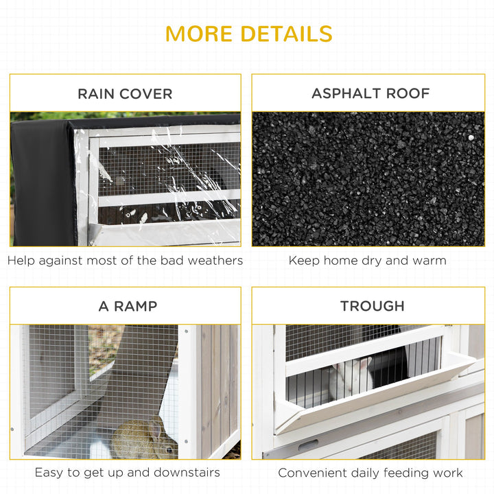 Wooden Pet Hutch, Two-Tier Cage with Rain Cover, Wheels, White