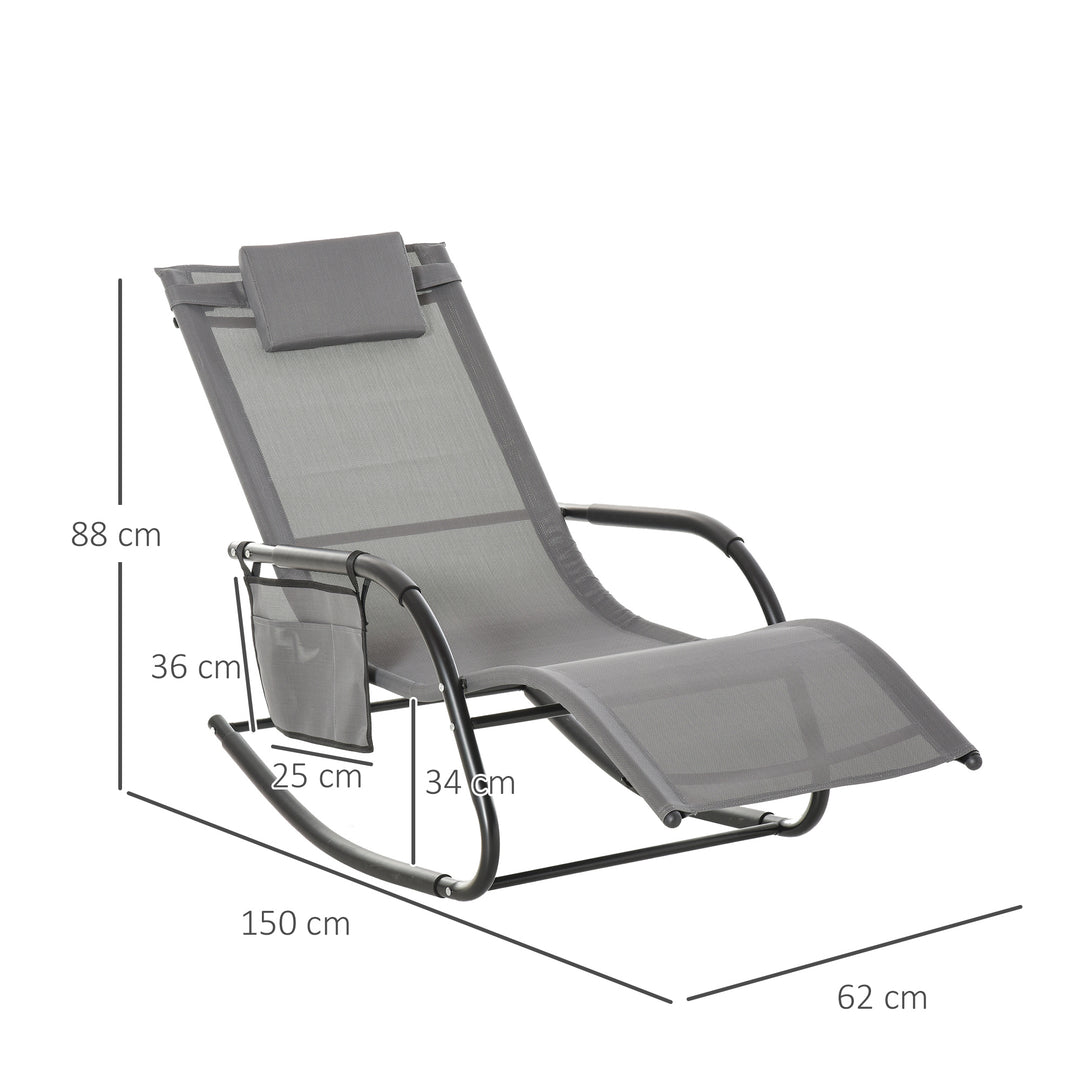 2PCs Outdoor Garden Rocking Chair, Patio Sun Lounger Rocker Chair with Breathable Mesh Fabric, Removable Headrest Pillow, Armrest, Side Storage Bag, Grey
