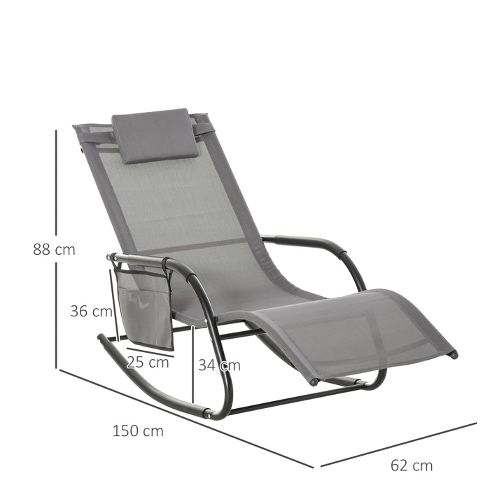 2PCs Outdoor Garden Rocking Chair, Patio Sun Lounger Rocker Chair with Breathable Mesh Fabric, Removable Headrest Pillow, Armrest, Side Storage Bag, Grey