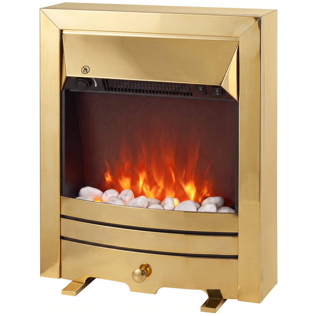 HOMCOM 2KW Stainless Steel Electric Fireplace Pebble Burning Effect Heater Fire Flame Indoor Stove LED Lighting - Gold Tone
