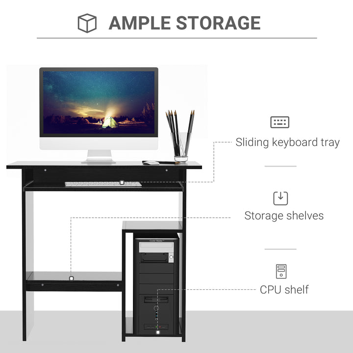 HOMCOM Compact Small Computer PC Table Wooden Desk Keyboard Tray Storage Shelf Modern Corner Table Home Office Gaming and Study Black