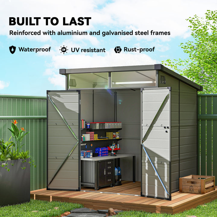 6 x 6ft Outdoor Storage Shed, Plastic Garden Shed with Windows and Air Vents, Outdoor Resin Tool Shed with Latch Doors for Garden, Deck, Light Grey
