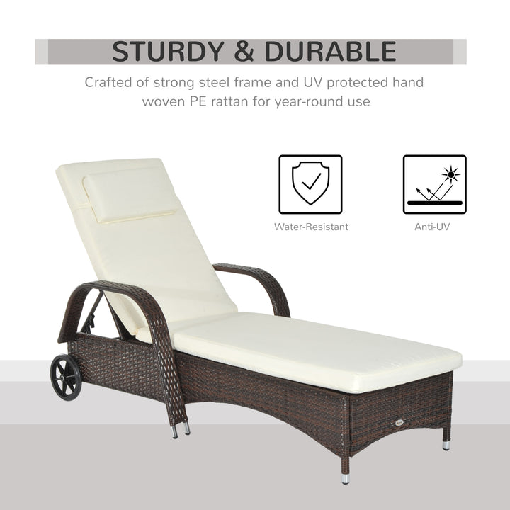 Outsunny Adjustable Rattan Sun Lounger Garden Recliner Bed Reclining Chair w/ Removable Headrest & Thickened Cushion, Brown