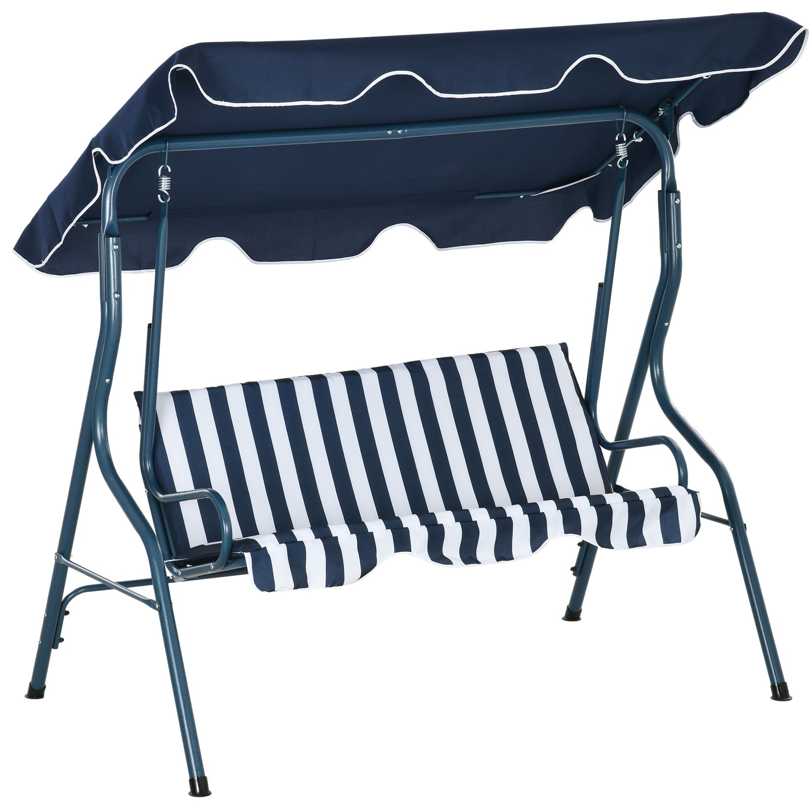 3 Seater Garden Swing Seat Chair Outdoor Bench with Adjustable Canopy and Metal Frame, Blue Stripes