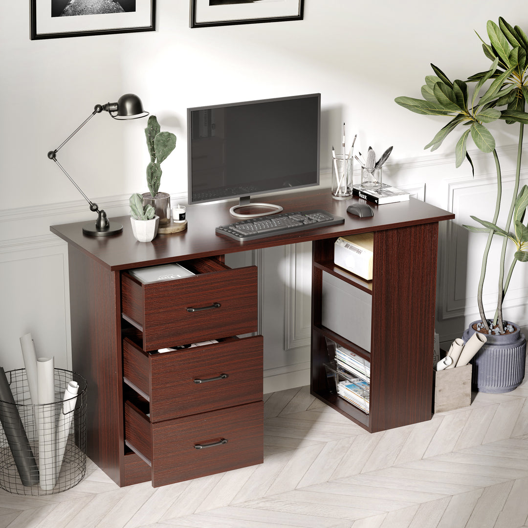 Computer Desk, Writing Table, PC Workstation with 3 Storage Shelves and Drawers, Black Handle, for Home Office, Walnut Brown
