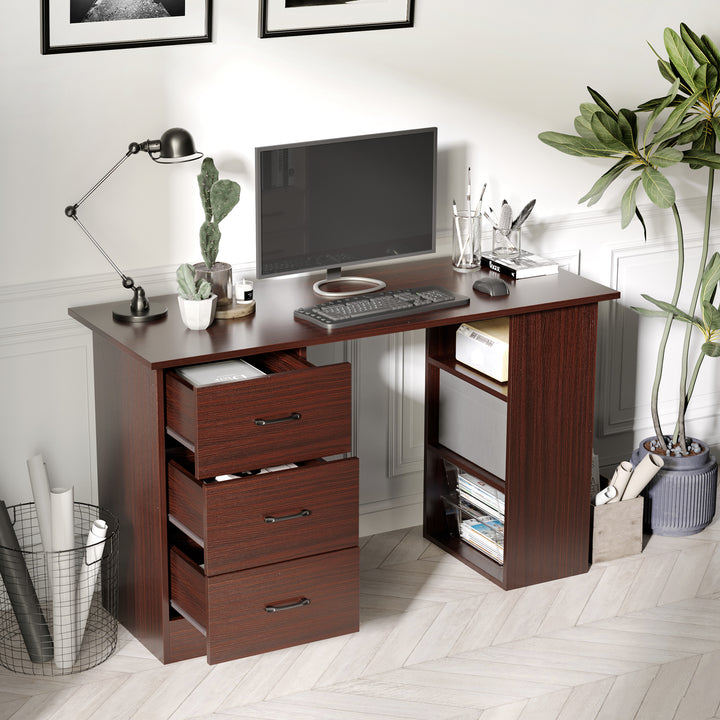 Computer Desk, Writing Table, PC Workstation with 3 Storage Shelves and Drawers, Black Handle, for Home Office, Walnut Brown