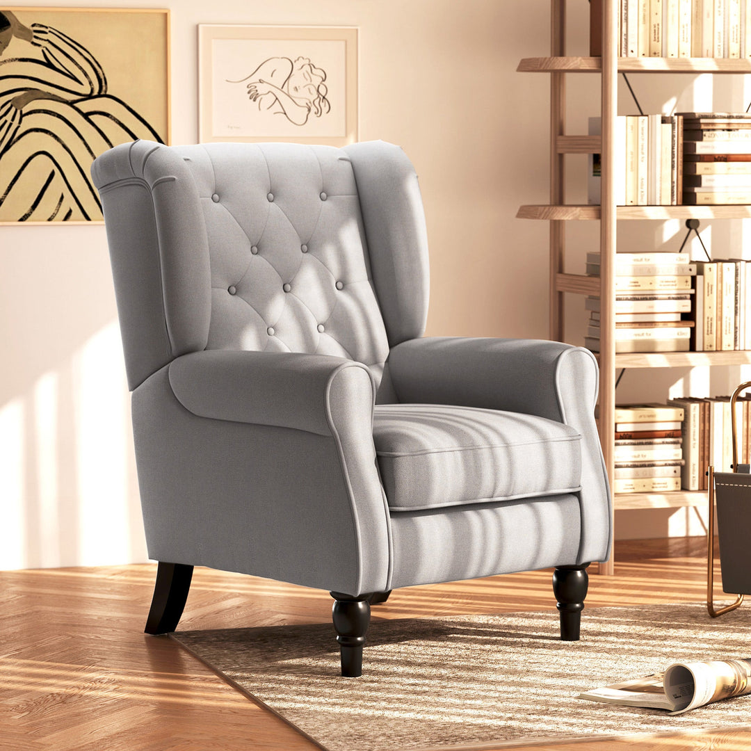 Retro Accent Chair, Wingback Armchair with Wood Frame Button Tufted Design for Living Room Bedroom, Grey