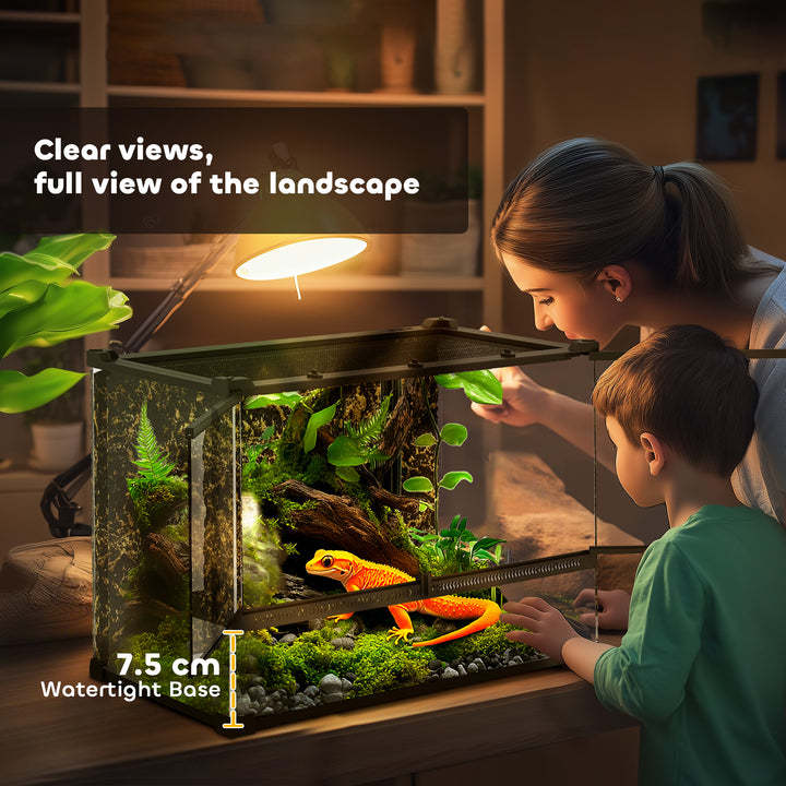 Reptile Glass Terrarium with Stone Background, Front Ventilation, Escape-Proof Knob Lock, 50 x 30 x 35 cm, Black