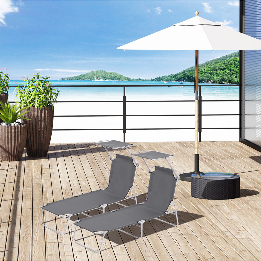 2 Pieces Outdoor Foldable Sun Lounger, 4 Level Adjustable Backrest Reclining Sun Lounger Chair with Angle Adjust Sun Shade Awning for Beach, Garden, Patio, Dark Grey