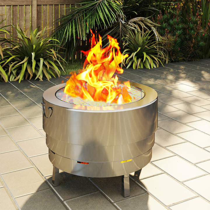 Stainless Steel Wood-burning Fire Pit with Fire Poker - Silver