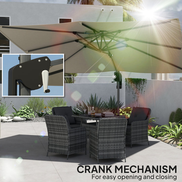 3.7 x 2.7 m Cantilever Parasol w/ 360° Rotation and Easy Tilt Adjustment, Aluminium Hanging Offset Outdoor Umbrella w/ Double Top, Cross Base, UPF50+ Hanging Sun Shade, Grey Wood Effect Pole