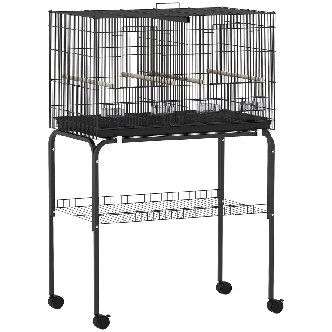 Bird Cage with Divider, 4 Wooden Perches, Slide Out Tray, 4 Feeders, for Budgie, Lovebird, Canary, 76 x 46 x 116cm Black