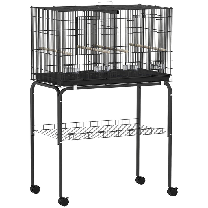 Bird Cage with Divider, 4 Wooden Perches, Slide Out Tray, 4 Feeders, for Budgie, Lovebird, Canary, 76 x 46 x 116cm Black