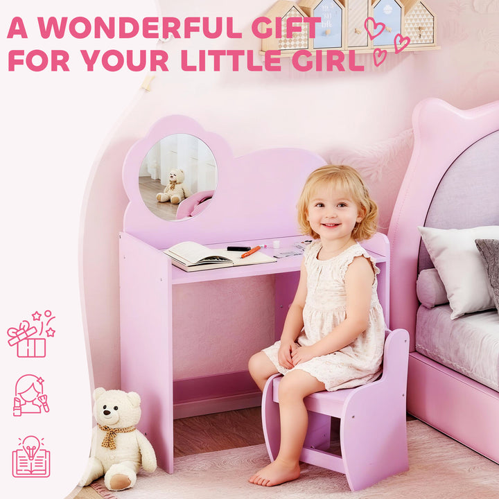 Kids Dressing Table with Mirror, Stool, Kids Vanity Table with Shelves, for Ages 3-8 Years