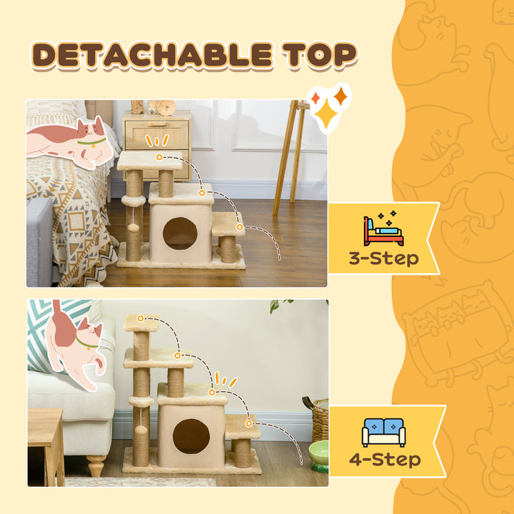 Adjustable Cat Steps, with House & Hanging Toy Ball - Beige