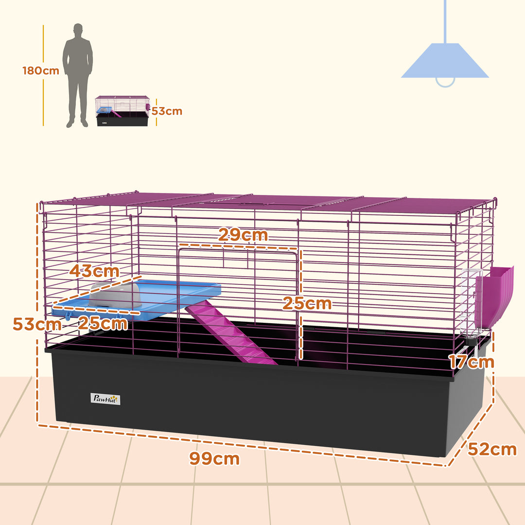 PawHut Chinchillas Small Rabbit Guinea Pig Small Animal Cage, Pet Playhouse, with Platform, Ramp, 99 x 52 x 53cm, Black | Aosom UK