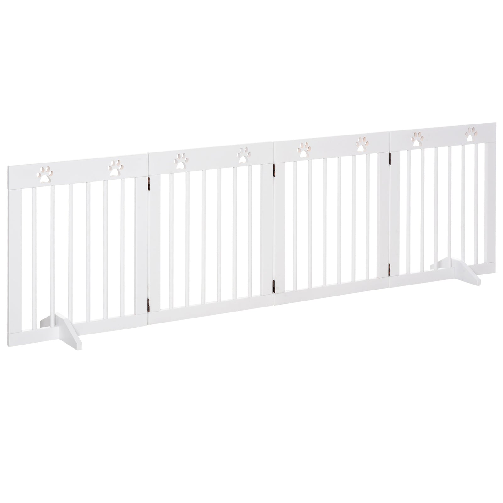 Freestanding Pet Gate 4 Panel Wooden Dog Barrier Folding Safety Fence with Support Feet up to 204cm Long 61cm Tall for Doorway Stairs White