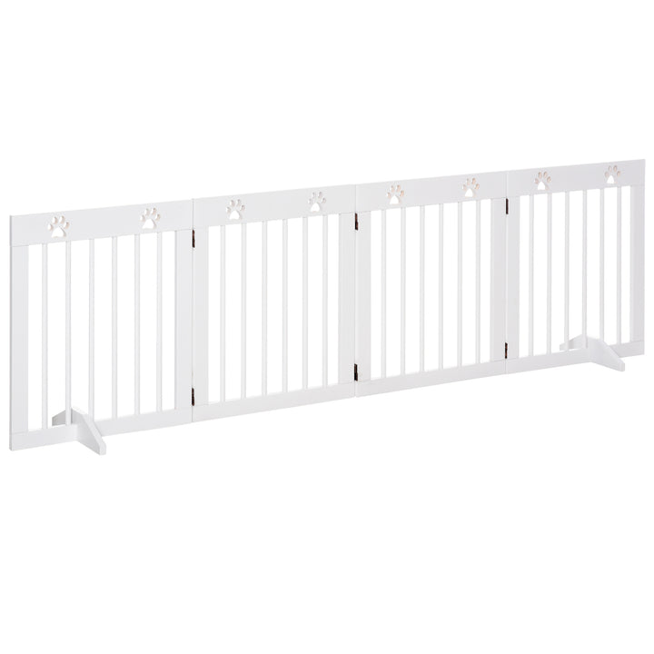 Freestanding Pet Gate 4 Panel Wooden Dog Barrier Folding Safety Fence with Support Feet up to 204cm Long 61cm Tall for Doorway Stairs White