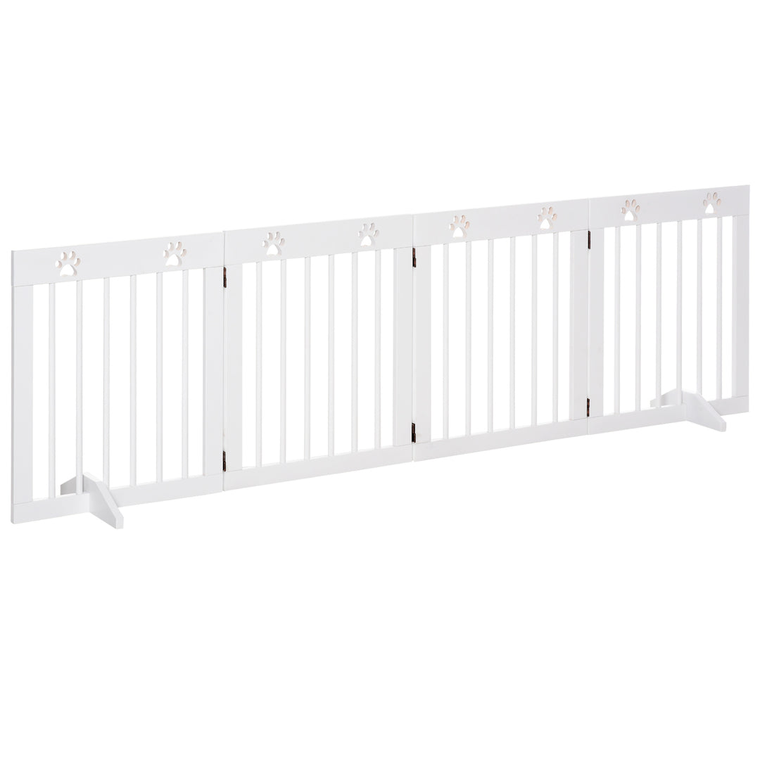 MCL Freestanding Pet Gate 4 Panel Wooden Dog Barrier Folding Safety Fence with Support Feet up to 204cm Long 61cm Tall for Doorway Stairs White