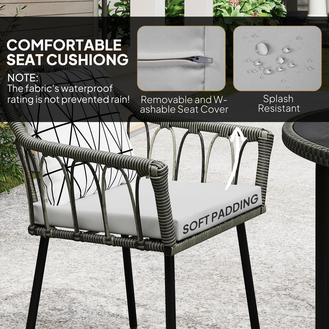 5 Piece Patio Rattan Dining Set, Wicker Garden Table and Chairs w/ Removable Seat & Back Cushions, Round Tempered Glass Tabletop, Parasol Hole, Outdoor Furniture Conservatory Set, Grey