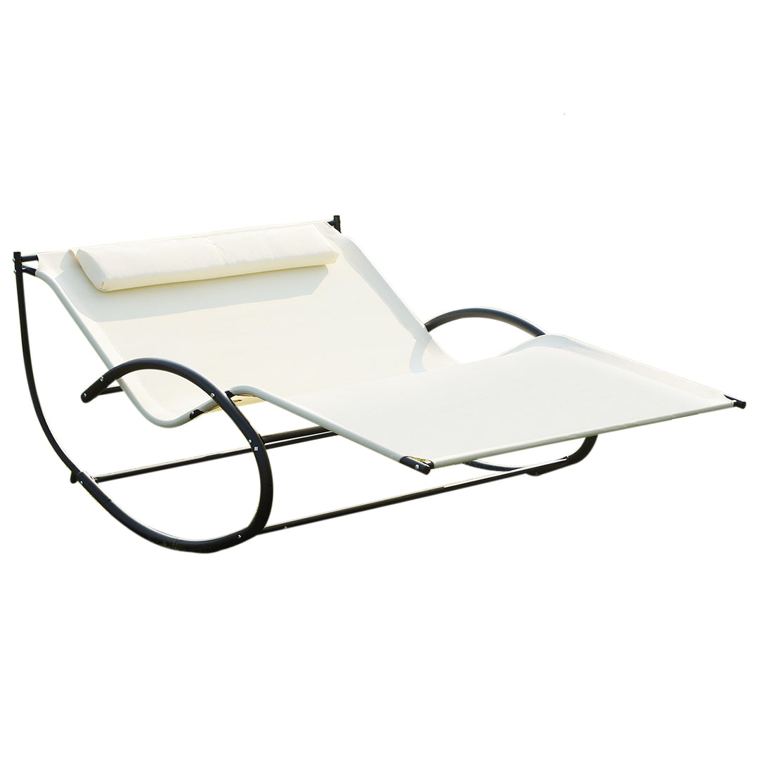 Double Sun Lounger, Rocking Lounger Sunbed Daybed with Armrest and Headrest Pillow, for Two, For Outdoor Patio Garden, Cream White