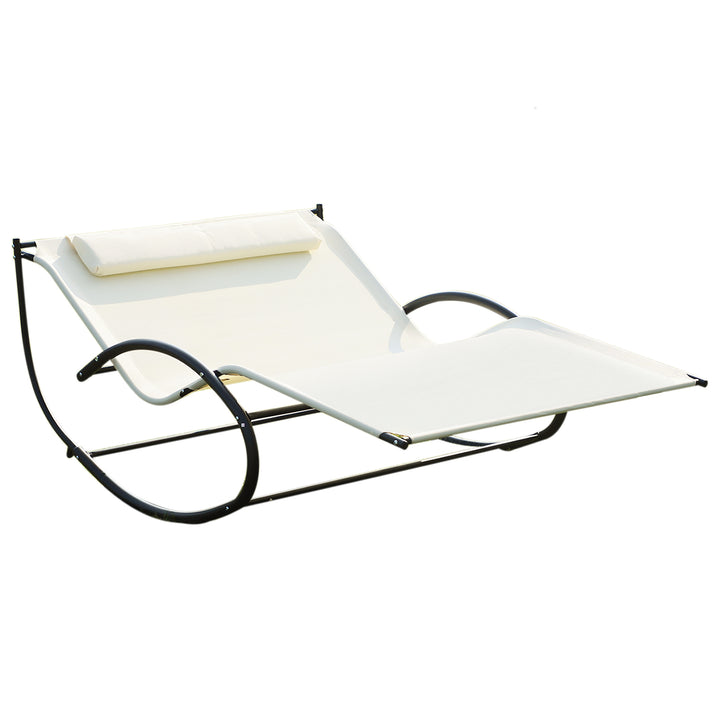 Double Sun Lounger, Rocking Lounger Sunbed Daybed with Armrest and Headrest Pillow, for Two, For Outdoor Patio Garden, Cream White