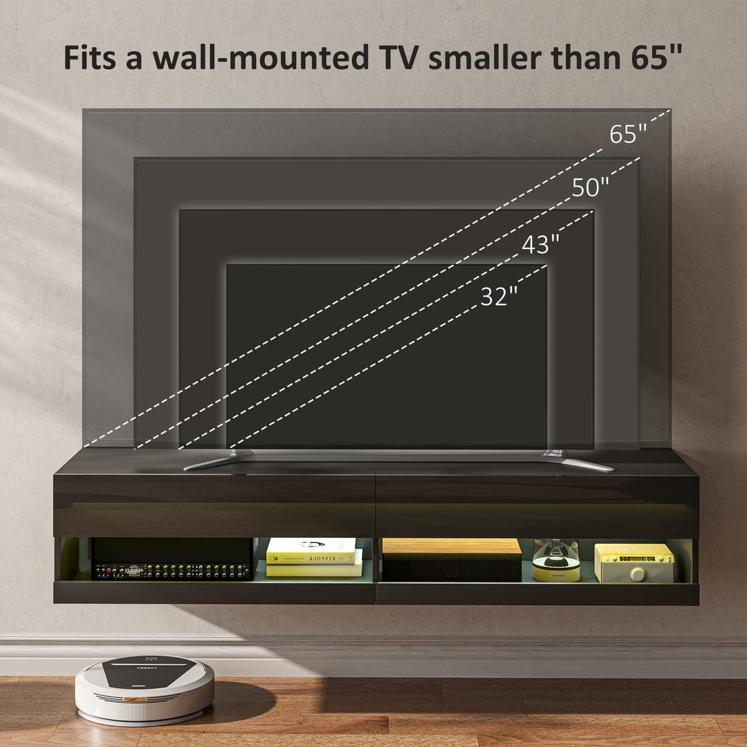 Floating TV Unit, Wall Mounted TV Cabinet for TVs up to 65", High Gloss Media Wall Unit with LED Lights, Storage Shelves for Living Entertainment Room, Black