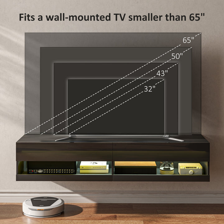 Floating TV Unit, Wall Mounted TV Cabinet for TVs up to 65", High Gloss Media Wall Unit with LED Lights, Storage Shelves for Living Entertainment Room, Black