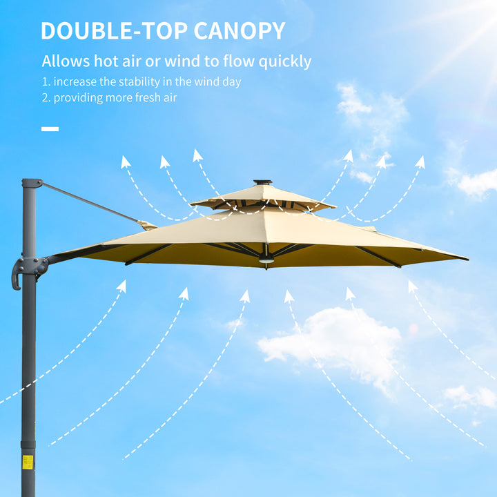 MCL 3m Cantilever Parasol w/ Solar Lights Power Bank Base 360° Spin Khaki