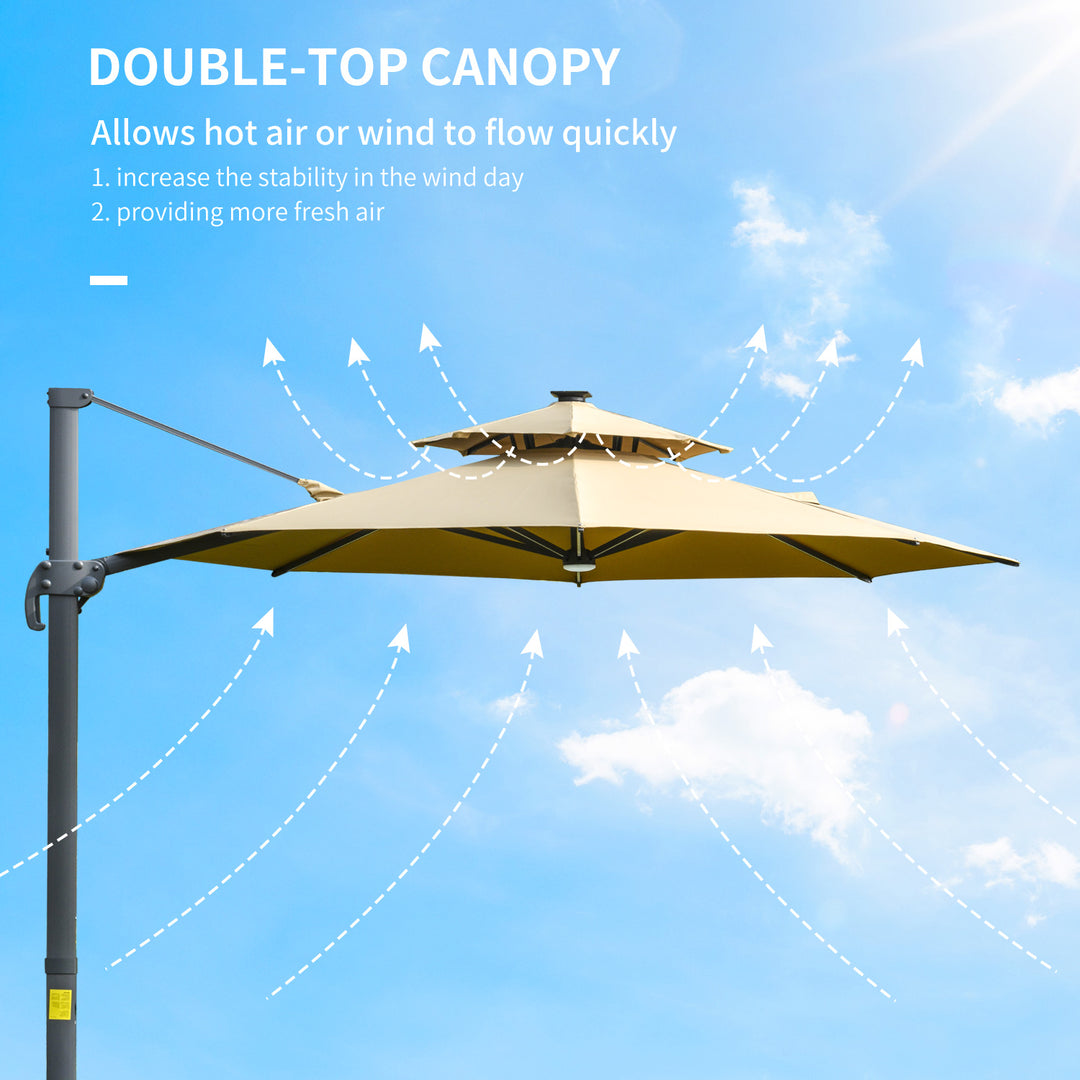 3m Cantilever Parasol w/ Solar Lights Power Bank Base 360° Spin Khaki