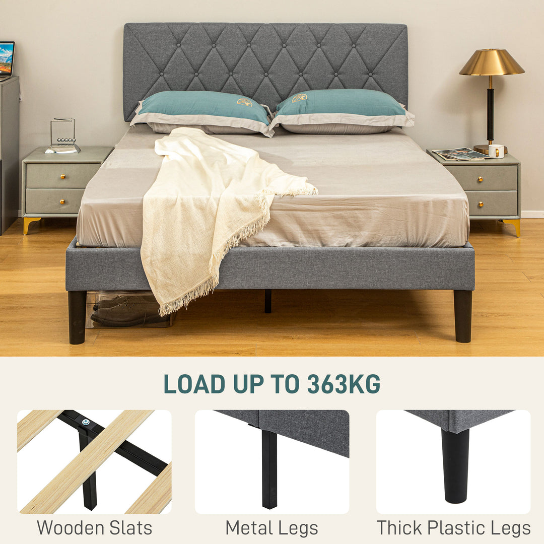 Double Bed Frame with 5-Level Adjustable Linen Upholstered Headboard, Wooden Slats Mattress Foundation, No Box Spring Needed, Grey