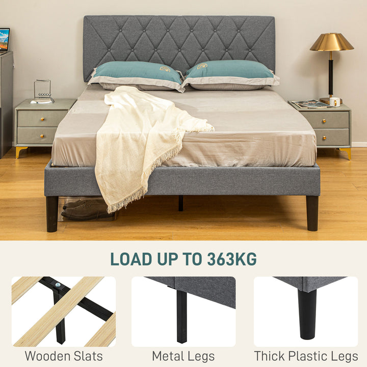 Double Bed Frame with 5-Level Adjustable Linen Upholstered Headboard, Wooden Slats Mattress Foundation, No Box Spring Needed, Grey
