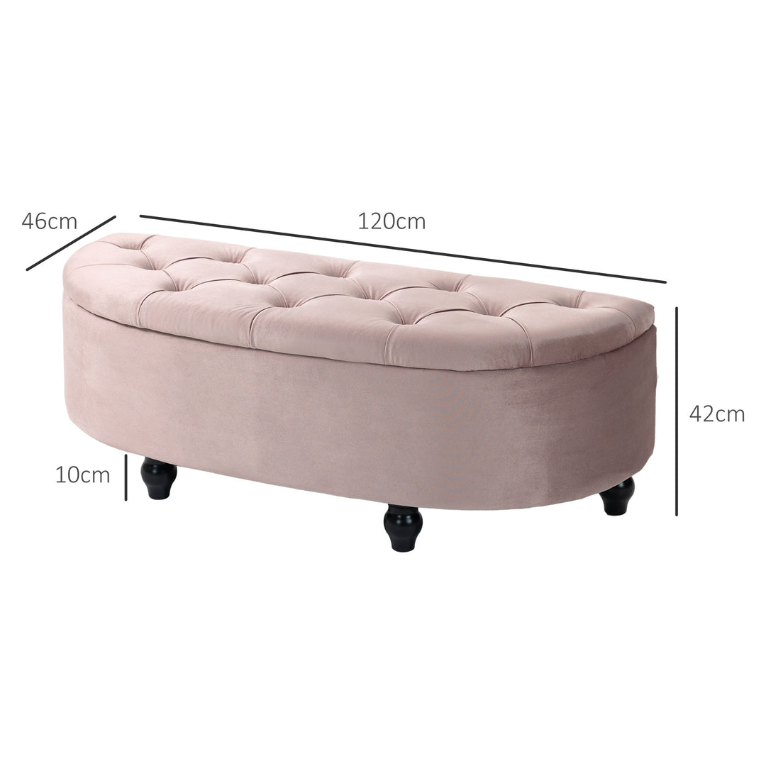 Semi-Circle Ottoman Storage Bench, Bed End Bench, Tufted Upholstered Window Seat Footrest Stool with Rubberwood Legs for Bedroom & Entryway, 120 x 46 x 42 cm, Pink