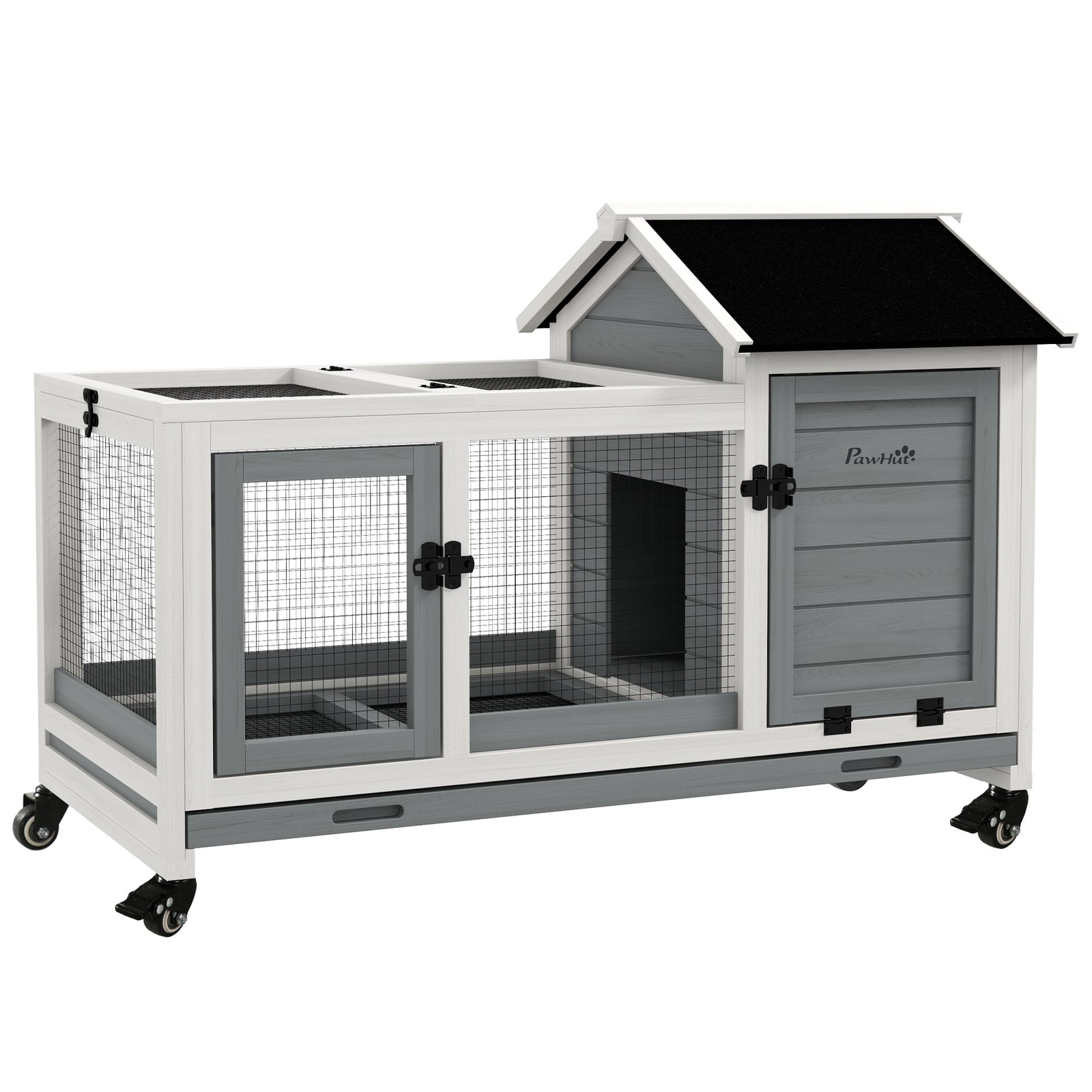 Wooden Rabbit Hutch, Guinea Pig Cage, with Removable Tray, Wheels - Grey