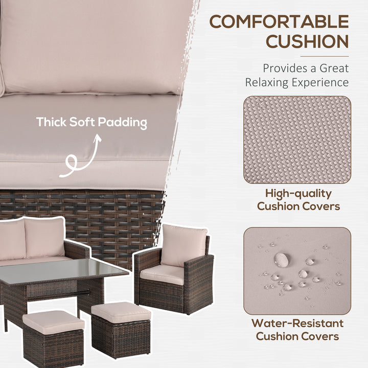 Six-Piece Rattan Sofa Set, with Glass-Top Table - Mixed Brown