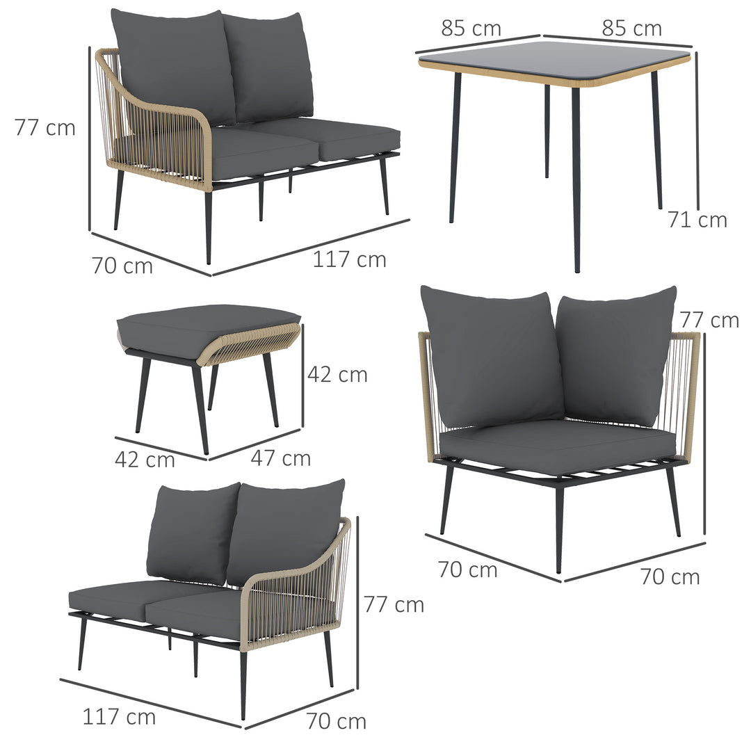 Six-Piece Rattan Strong Garden Sofa Set - Brown/Grey