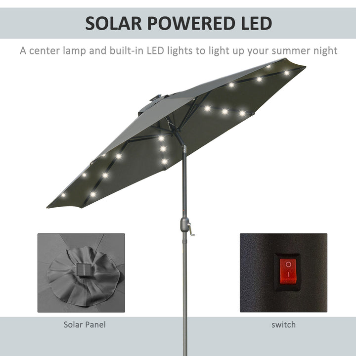 2.7m Patio Garden Umbrella Outdoor Parasol with Tilt Crank and 24 LEDs Lights (Grey)